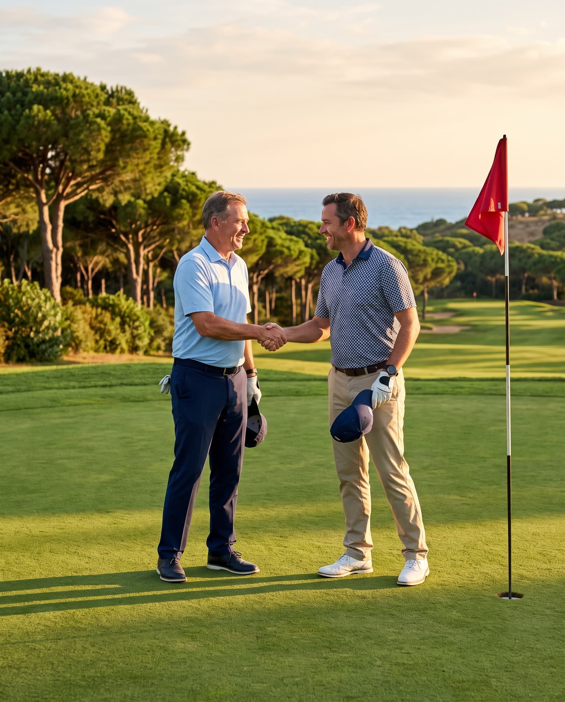 Two golfers shaking hands on the green, by the flag