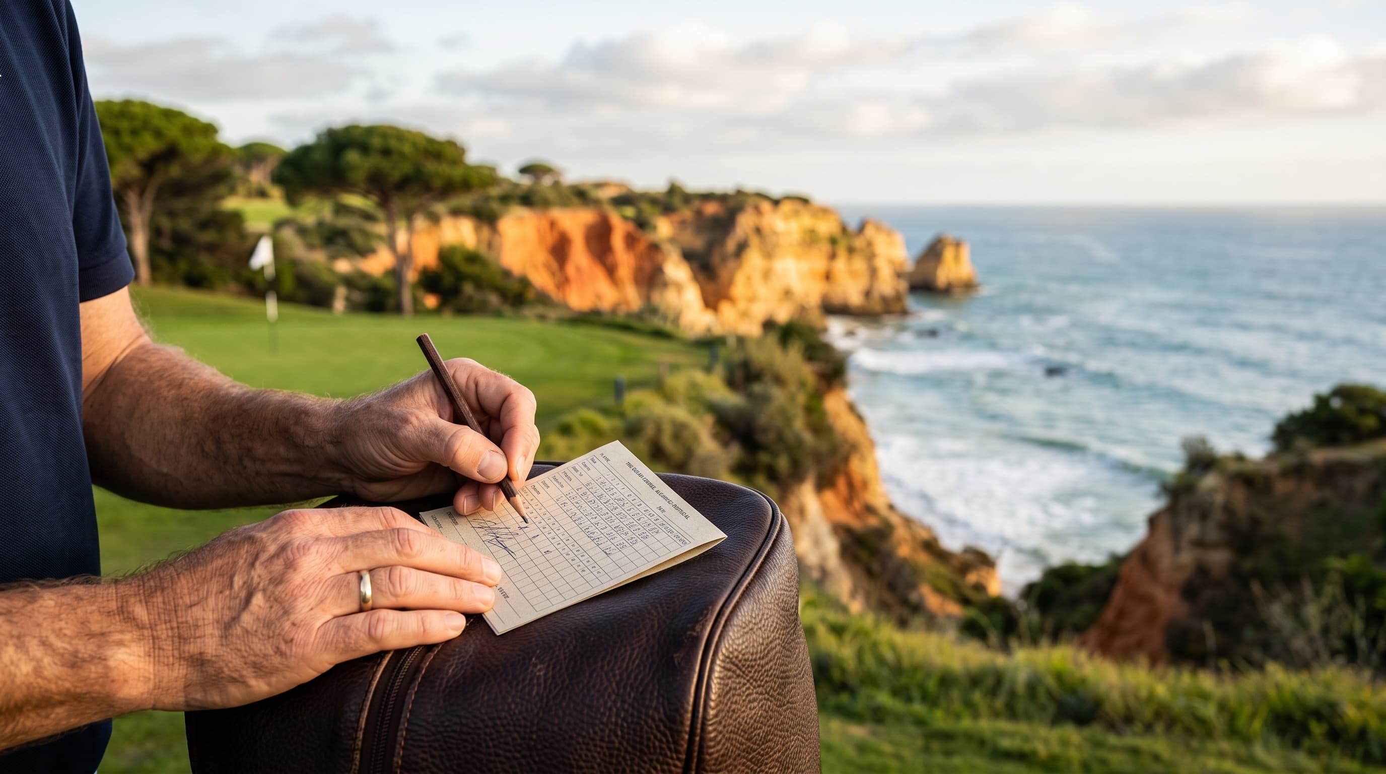 A golfer's hands signing the scorecard, the Algarve cliffs behind
